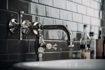 Close-up of sink piping on gray tile wall with valve switch. Kitchen, bathroom. 3D rendering. Generative AI