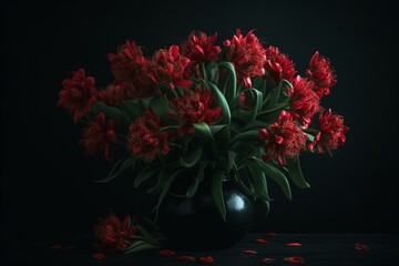 A vase of red flowers with green stems and buds on a black table. Generative AI