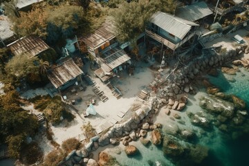 Bird's-eye view of seaside sanctuary crafted with technology. Generative AI