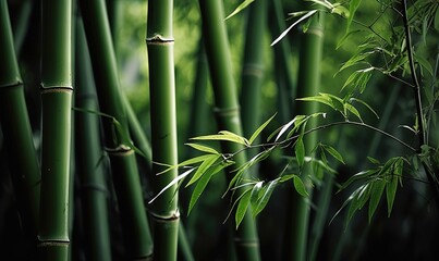  a close up of a bunch of bamboo plants with green leaves.  generative ai