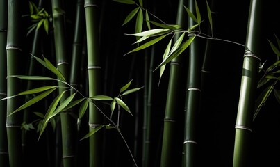  a group of green bamboo trees with leaves on them in the dark.  generative ai - obrazy, fototapety, plakaty