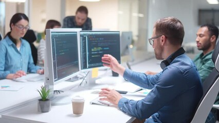 Young engineers working on computers and communicating. African American programmer looking at display and pointing at error, helping partner. Men discussing about improving to programing code. - Powered by Adobe
