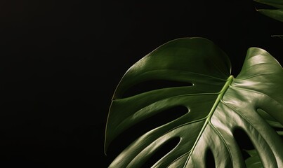 a large green leaf on a black background with a black background.  generative ai