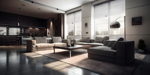 Fototapeta na wymiar Modern interior design of scandinavian apartment, living room with white sofa over the dark stucco wall. Home interior with window. Generative AI 