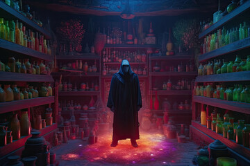 Obraz premium Anonymous tall man under a cloak in the mystical potion shop. Generative AI