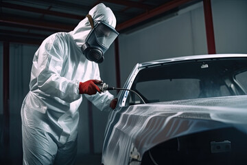 Car painter in protective clothes paints automobile with paint in chamber workshop. Generative AI