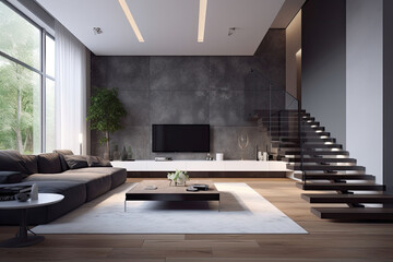 Apartment with spacious living room and big windows. Modern living room interior. Generative AI
