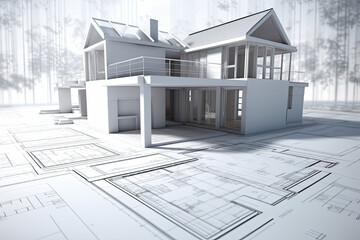 Building project plan. Blueprint of a modern house with 3d model. Generative AI
