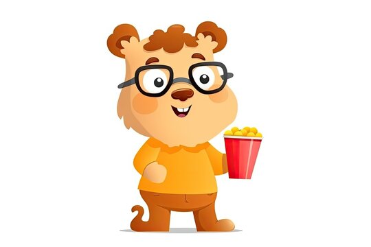 cute cartoon bear holding a cup of popcorn and wearing glasses Generative AI