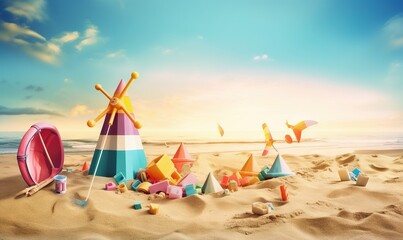  a beach scene with a colorful umbrella and toys in the sand.  generative ai