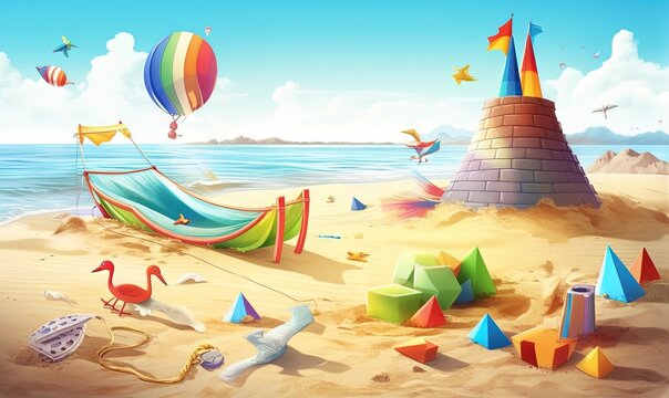  a painting of a beach scene with a hammock, kites, sandcastles, and birds.  generative ai