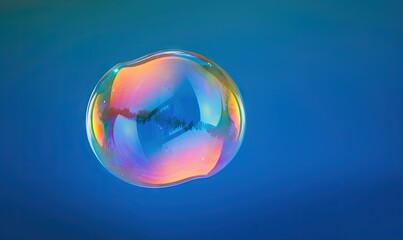  a soap bubble floating in the air on a blue background.  generative ai