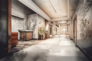 Sketch and painted image of an office entrance and reception area. Generative AI