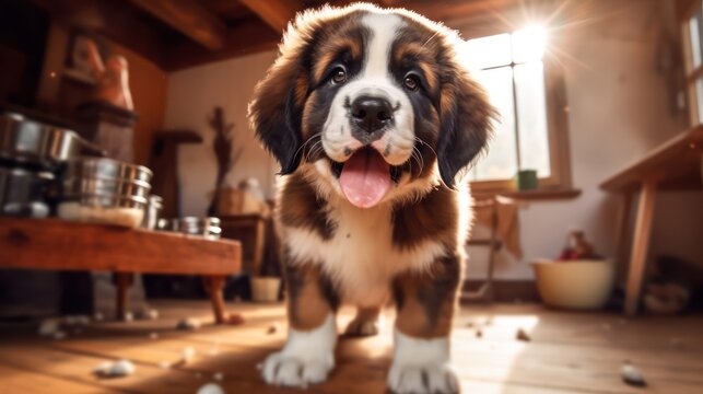Cute  st Bernard puppy smiling . generative AI
