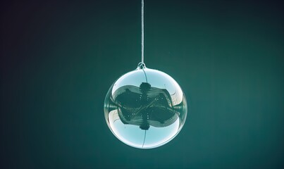  a glass ball hanging from a wire on a green background.  generative ai