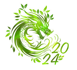 Symbol of Happy Chinese New Year 2024 green Dragon. Symbol of 2024. Wooden green dragon. Vector illustration greeting card. Zodiac sign,