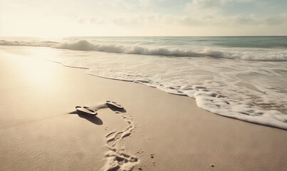  a pair of flip flops on the beach with a heart drawn in the sand.  generative ai