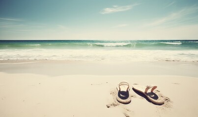 Fototapeta na wymiar a pair of shoes sitting on top of a sandy beach. generative ai