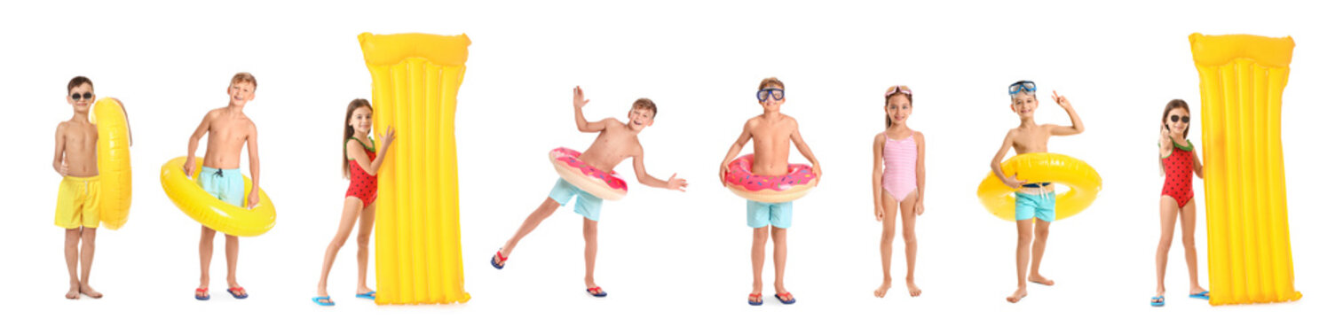 Set of cute children with inflatable mattresses and rings on white background