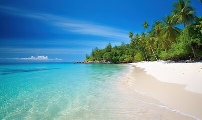 Naklejka na ściany i meble a sandy beach with palm trees and clear blue ocean water. generative ai