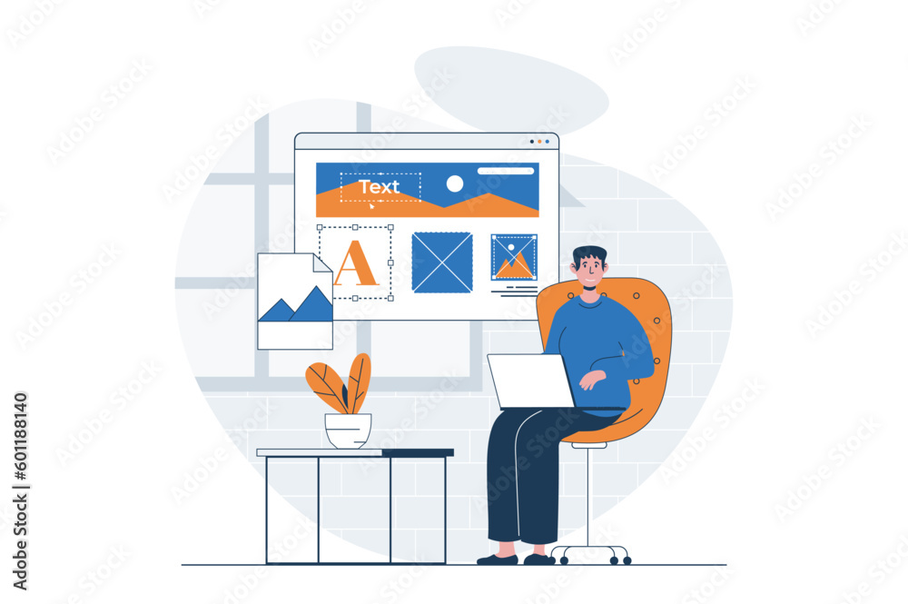 Leinwandbilder App development web concept with character scene. Man programming and creating interface layout at screen. People situation in flat design. Vector illustration for social media marketing material.