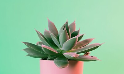 a pink potted plant with green leaves on a green background.  generative ai