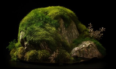 a rock covered in green moss with a tree growing out of it.  generative ai