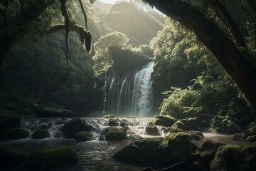 Nature scene featuring a cascading waterfall and lush tree – digitally crafted. Generative AI