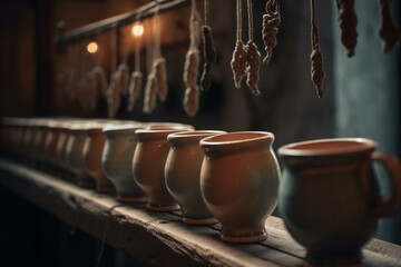 Cups made of clay hanging on hooks. Generative AI
