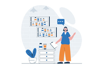 Beauty salon web concept with character scene. Beautician consultant select lotions, creams, other cosmetics. People situation in flat design. Vector illustration for social media marketing material.