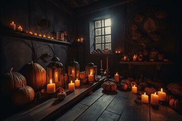Medieval room with Halloween pumpkin lanterns and candles at night, offering a fun background with space for text. Generative AI