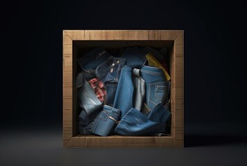 a box of clothing with some old jeans inside, generative ai