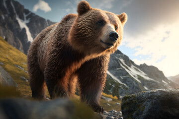 Fototapeta premium the graphic shows a bear in the Tatra Mountains. This graphic captures the beauty of mountain nature, but also the power of wild animals that live in this environment. Generative AI