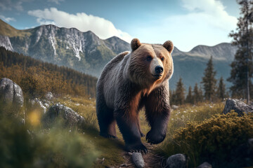 the graphic shows a bear in the Tatra Mountains. This graphic captures the beauty of mountain nature, but also the power of wild animals that live in this environment. Generative AI - obrazy, fototapety, plakaty