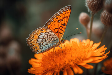 Obraz premium Romantic natural floral background with a butterfly on flower with bokeh, close-up macro.