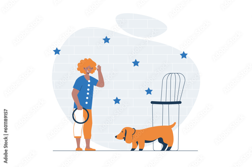Poster circus web concept with character scene. clown and circus animal trainer performing with dog on conc