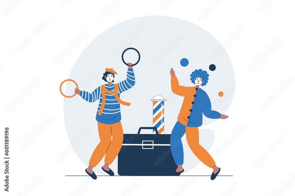 Poster Circus web concept with character scene. Clowns perform entertainment, juggle and show tricks on concert. People situation in flat design. Vector illustration for social media marketing material.