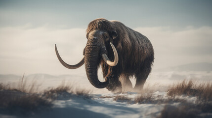 Wooly mammoth walking in icy tundra - Generative AI - obrazy, fototapety, plakaty