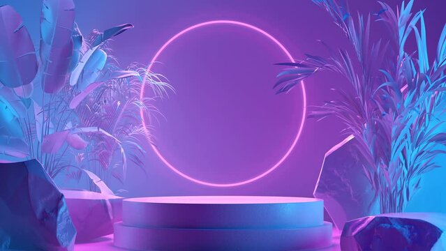 Abstract tropical forest with podium and glowing neon ring.  