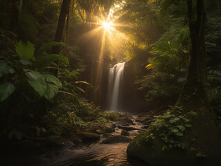 Small waterfall in green rain forest lit by golden sun - Generative AI