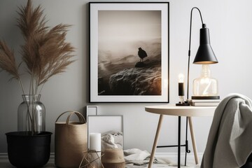 Scandinavian style poster mockup in minimal home interior. Generative AI