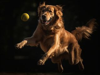 Happy golden retriever dog jumping affter his ball - Generative AI