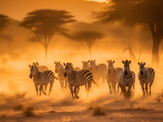 Fototapeta na wymiar Herd of zebras grasing in dusty orange savanna - Generative AI