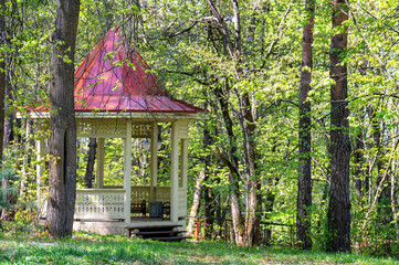 Round wooden gazebo in a dense park