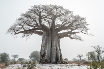 Fototapeta na wymiar African baobab tree growing in dusty savanna - Generative AI