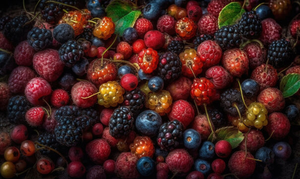  a pile of berries and raspberries with green leaves.  generative ai