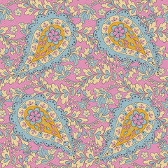 Paisley vector seamless pattern. Fantastic flower, leaves. Batik style painting. Vintage background