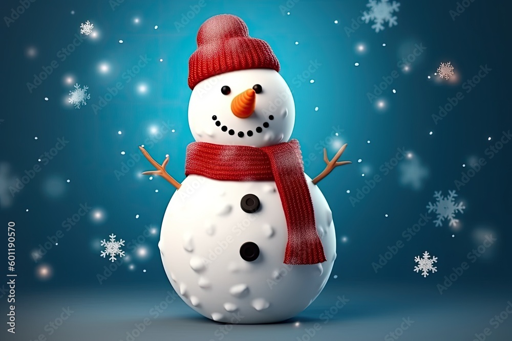 Poster snowy figure with a festive red hat and scarf Generative AI