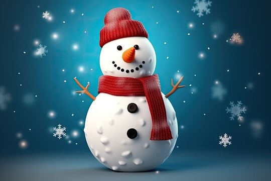 snowy figure with a festive red hat and scarf Generative AI
