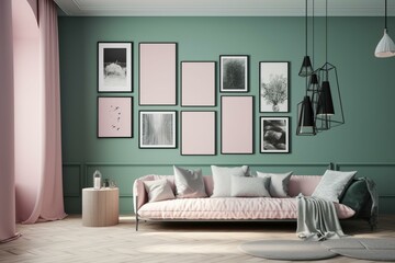 Pastel-colored room with 6 frames on the wall and a solid monochrome background for gallery wall mockup. Generative AI